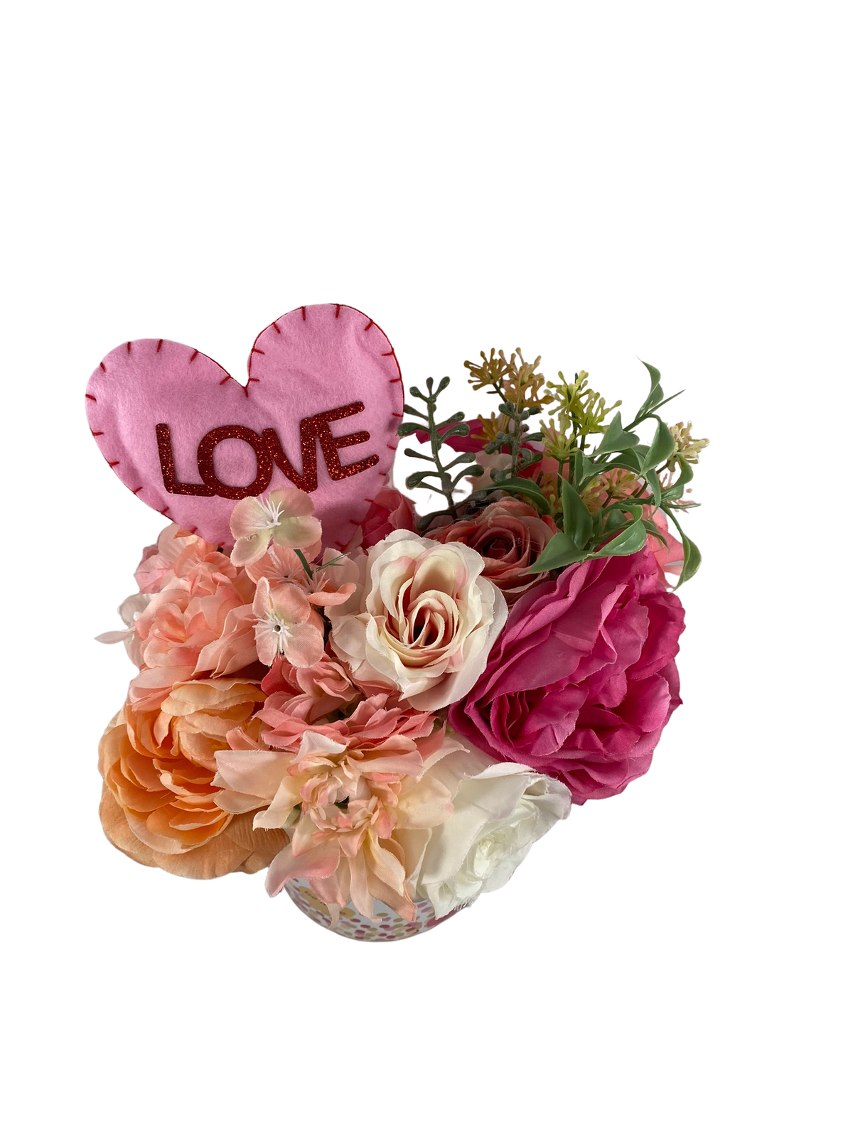 AGD Valentines Decor  – Pink Red White Peach Roses Floral Centerpiece
