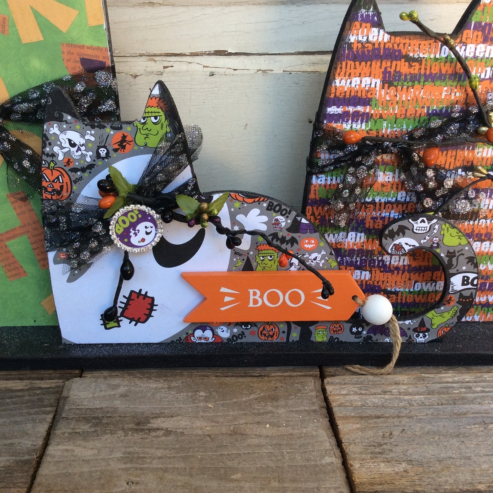 AGD Halloween Decor - Modern Prim Wood Trio Cat Tabletop Decor