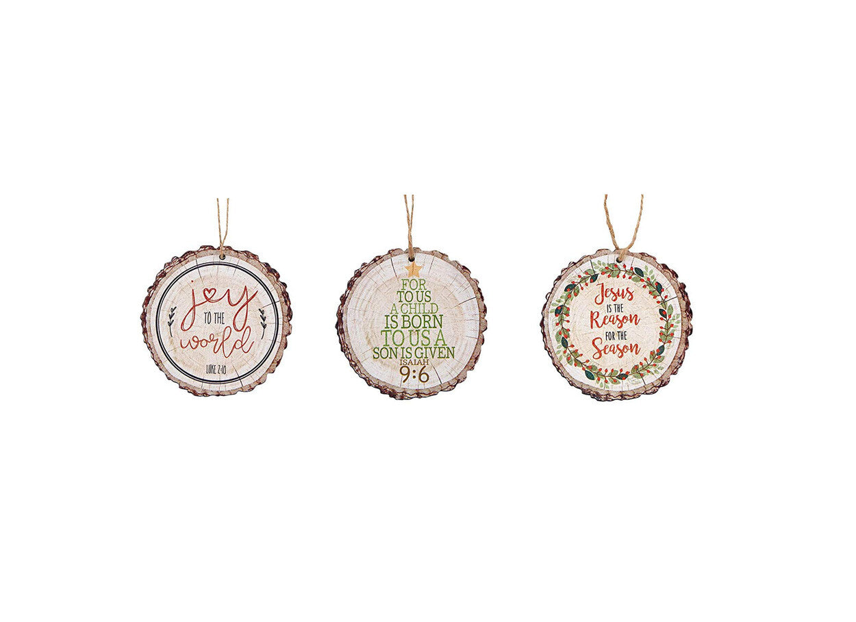 Christmas Decor - Wood Slice Isaiah 9:6 Jesus Reason Joy Ornament 3pc Set