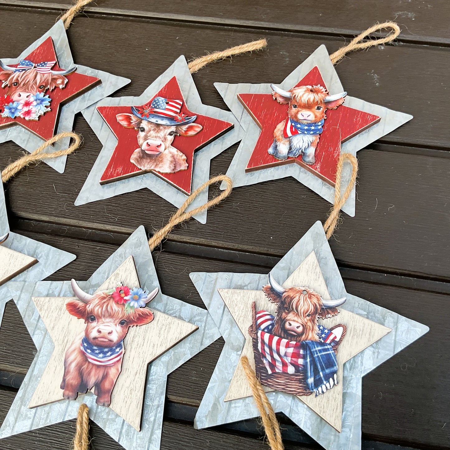 AGD Patriotic Decor - July 4th Highland Cow Metal Star Ornaments 12pc Set