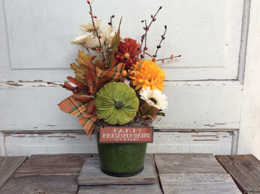 AGD Fall Decor - Farm Fresh Pumpkin Floral Metal Planter Centerpiece