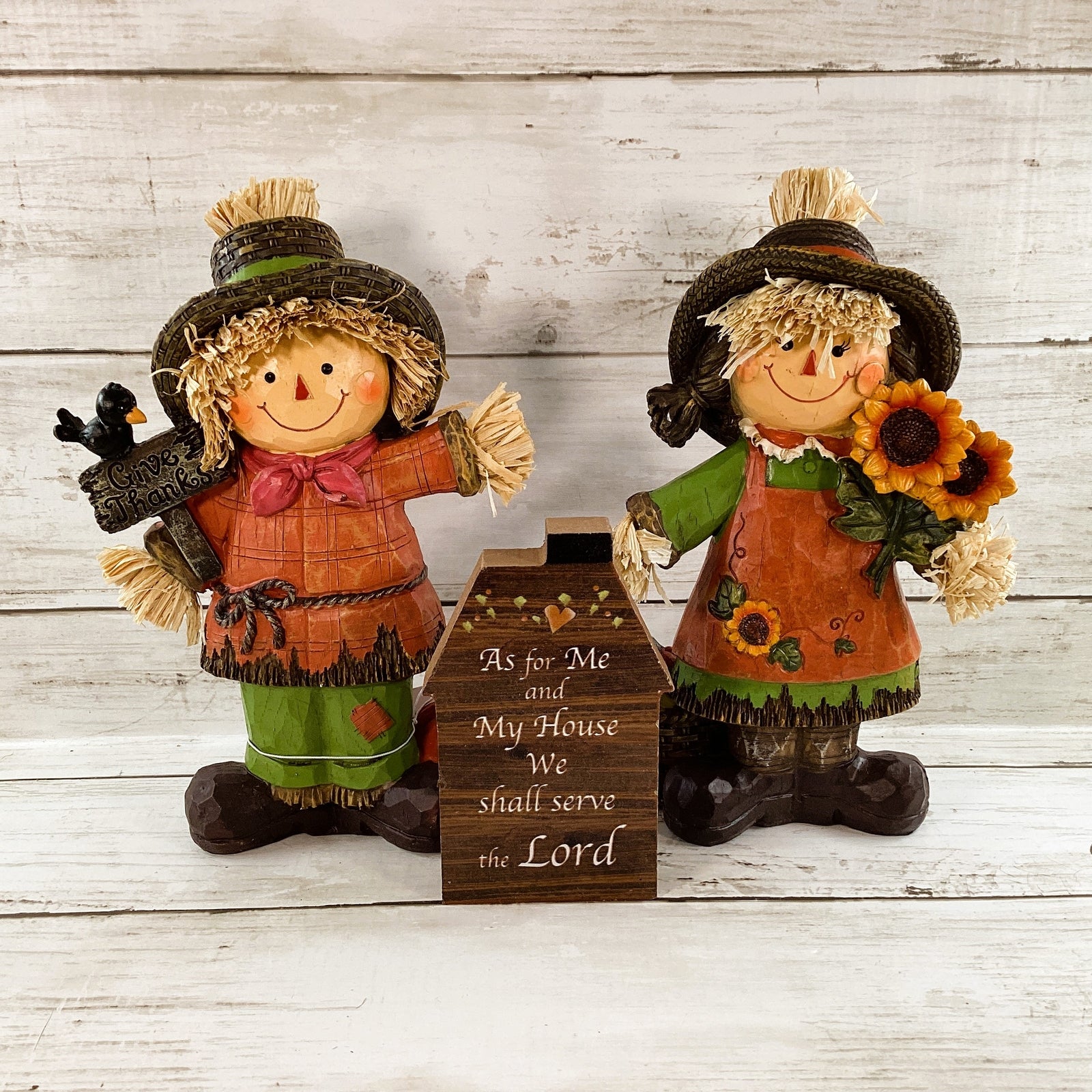 HL Fall Decor - Me and My House Cute Resin Scarecrow Couple 3pc Set