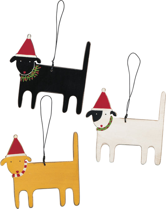 PBK Christmas Decor - Santa Hat Prim Dog Ornaments 3pc. Set