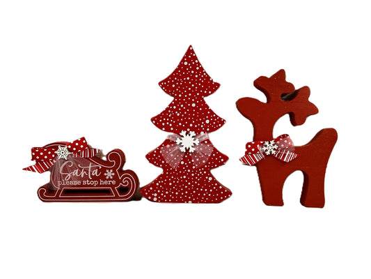 AGD Christmas Decor - Red White Tree Santa Sled Reindeer 3pc