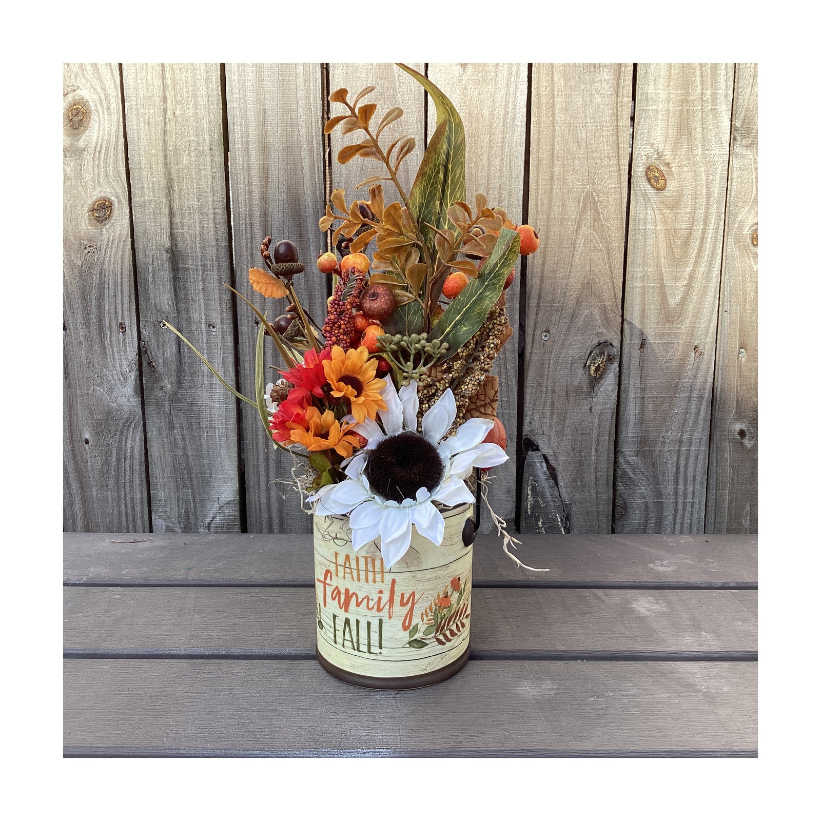 AGD Fall Decor - Faith Family Farmhouse Floral Filled Crock Display