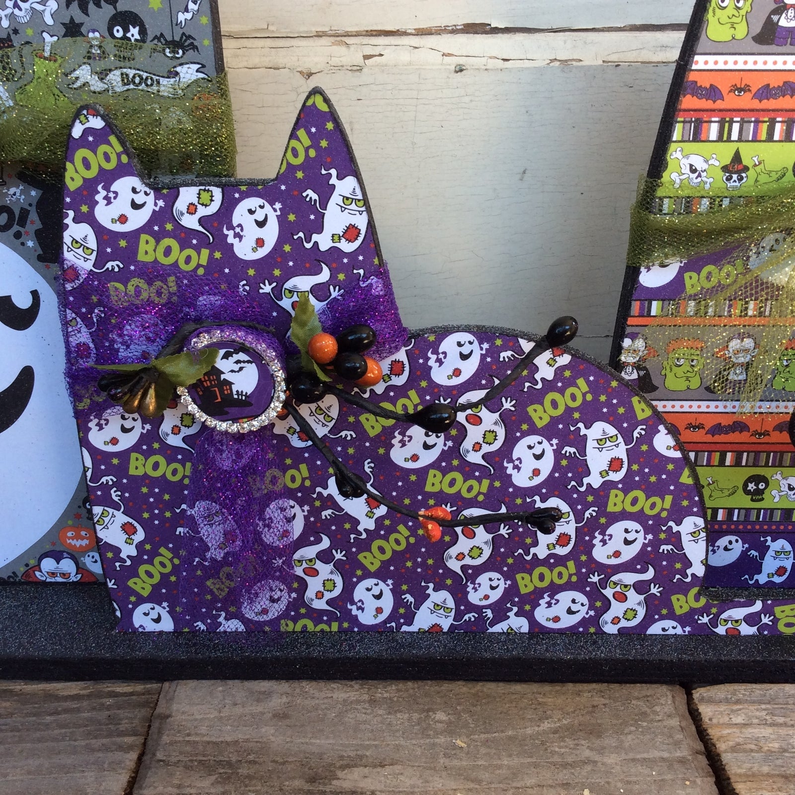 AGD Halloween Decor - Modern Prim Wood Trio Cat Tabletop Decor