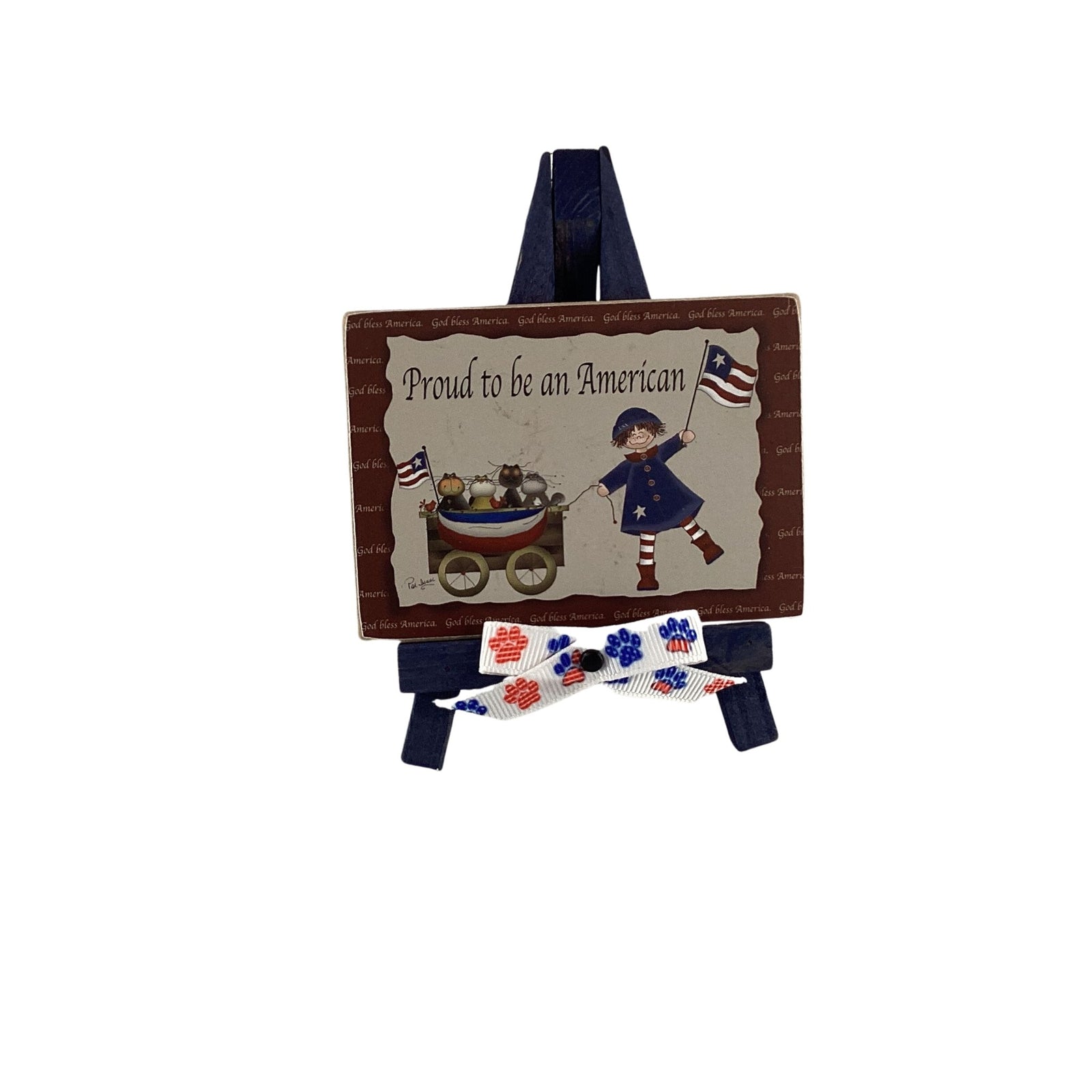 AGD Patriotic Decor - Little Girl Wagon Cat Mini Easel Sign