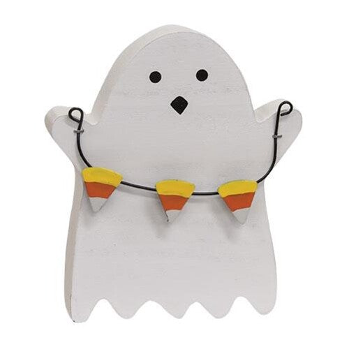 CWI Halloween Decor - Candy Corn Ghost Chunky Wood  Sitter