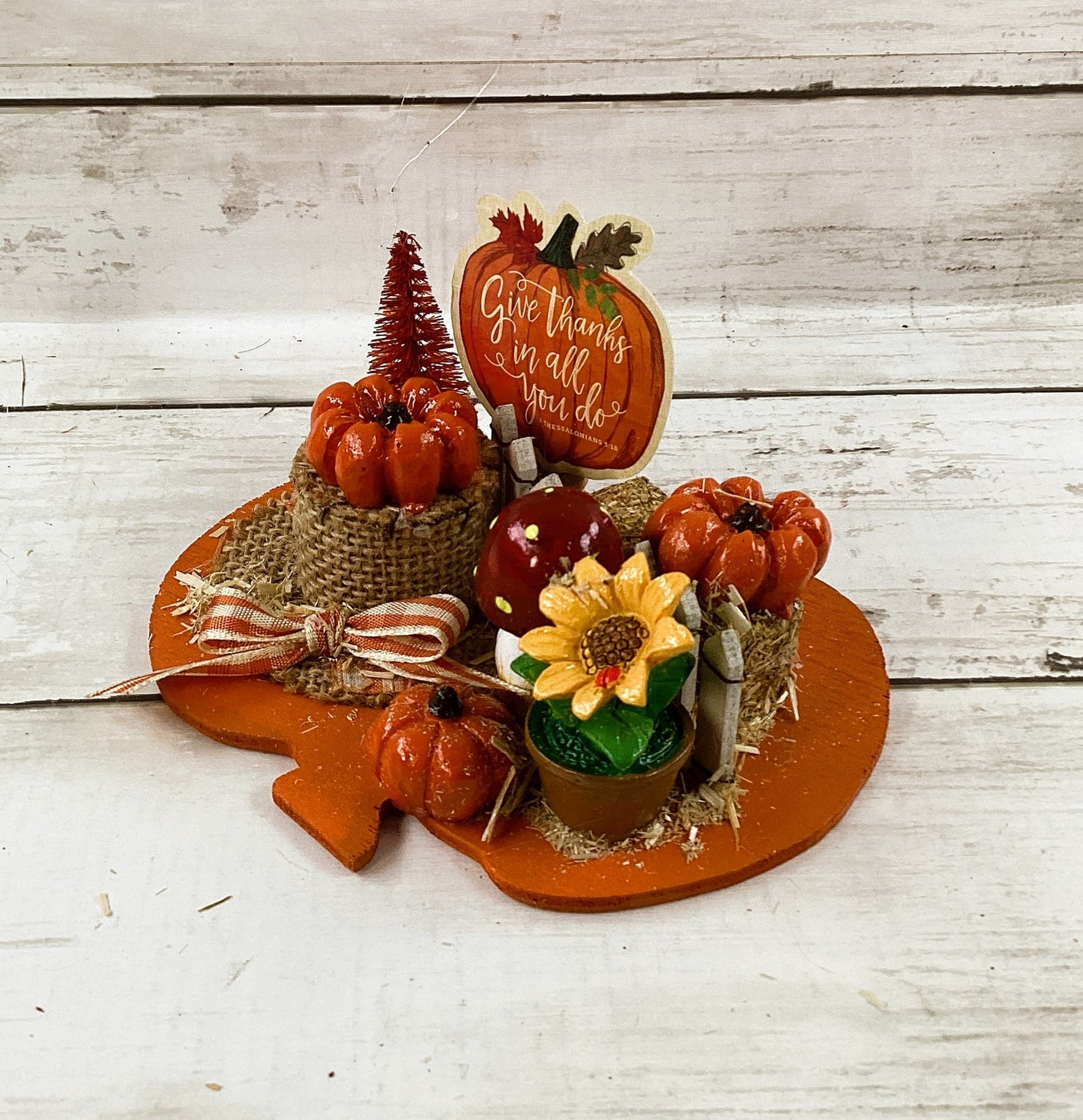 AGD Give Thanks Resin Figurine Scene on Pumpkin Base