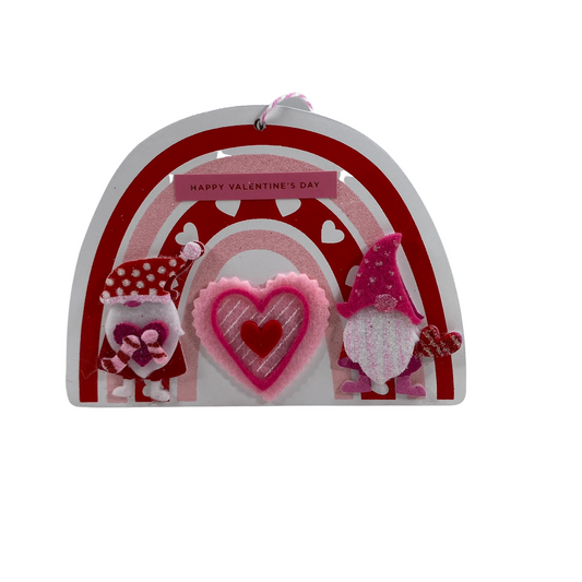 AGD Valentines Decor - Felt Gnomes and Heart Wood Rainbow Ornament