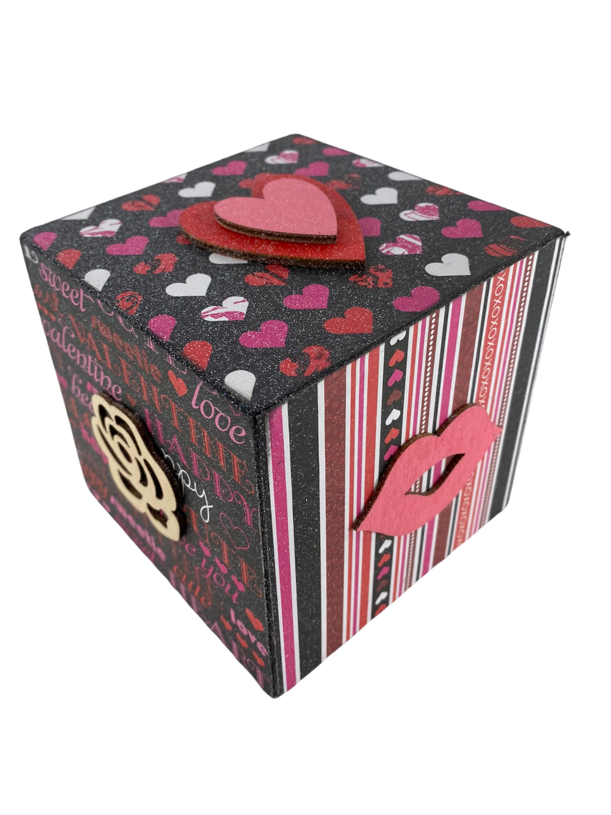 AGD Valentines Decor - Pink White Black Red Love Heart Icons Wood Block