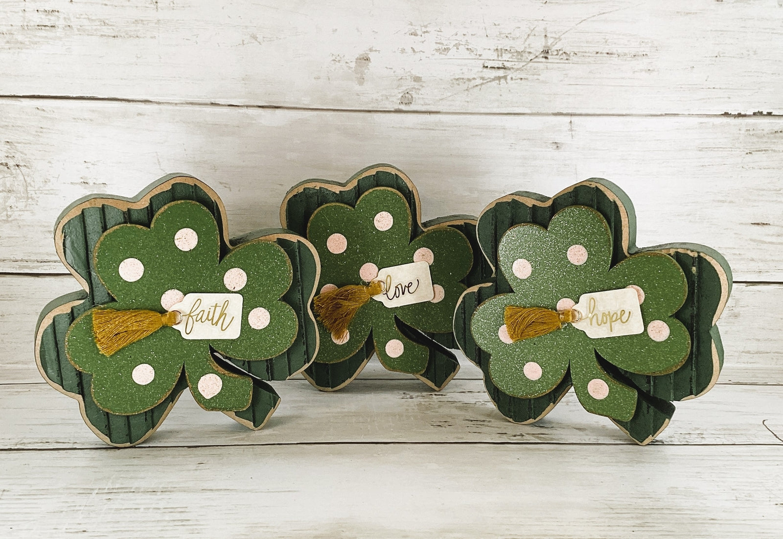 AGD  St Patricks Decor - Faith Hope Love Wood Shamrock 3pc Set