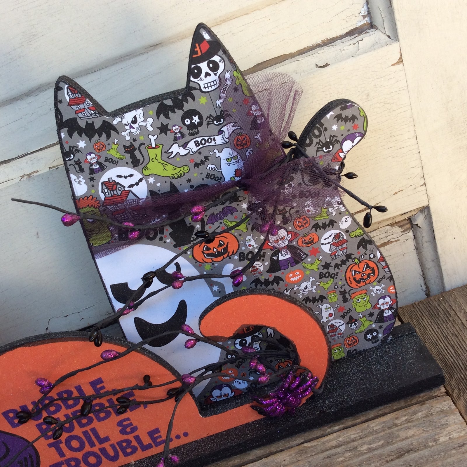 AGD Halloween Decor - Modern Prim Wood Trio Cat Tabletop Decor