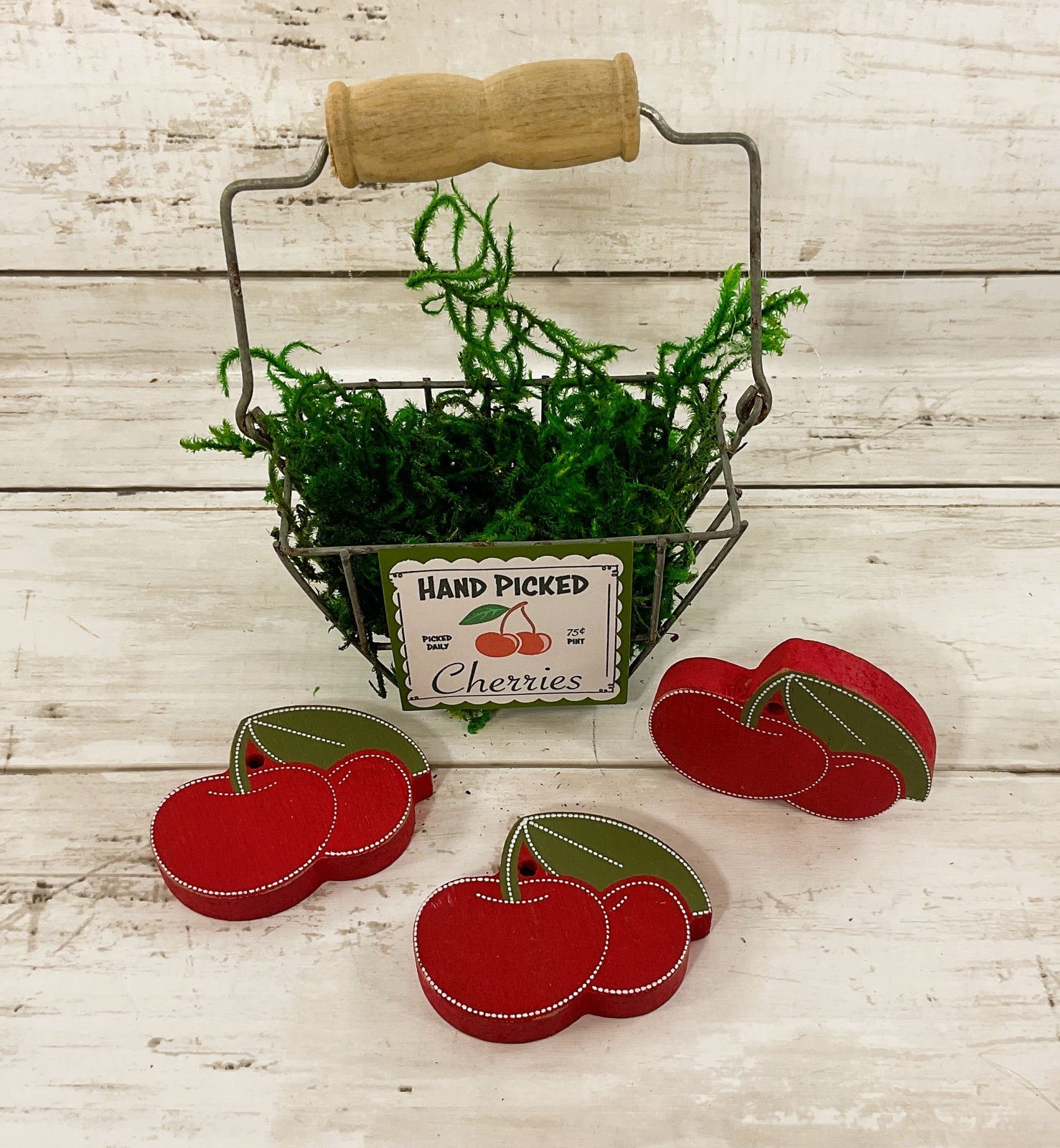 AGD Summer Decor - Hand Pick Cherries Basket Wood Cherry 4pc Set