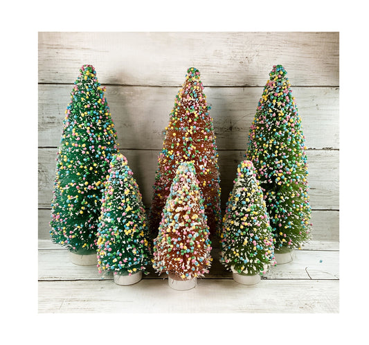 Christmas Decor - Pastel Bottle-brush Snowy Candy Sprinkles 6pc Trees