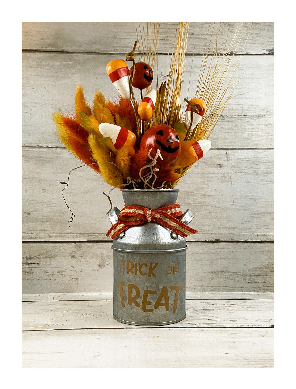 AGD Fall Decor - Trick Treat Candy Corn Galvanized Metal Floral Milk Can