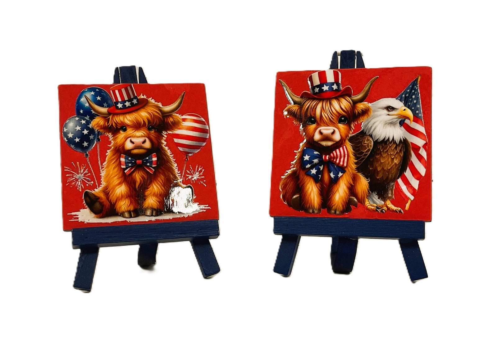 AGD Patriotic Decor - July 4th Highland Cow Tier Tray SM Wood Signs 2pc