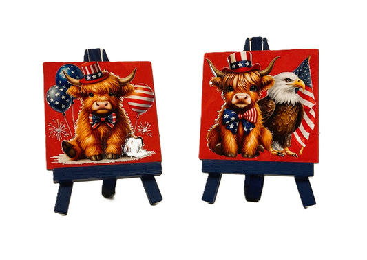 AGD Patriotic Decor - July 4th Highland Cow Tier Tray SM Wood Signs 2pc