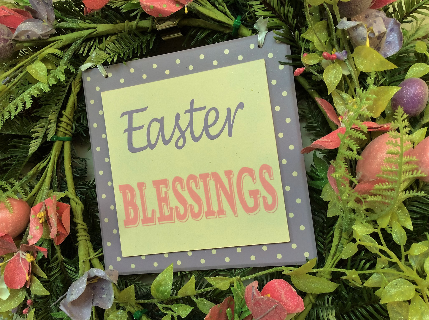 AGD Spring Easter Decor – Pink Purple Easter Blessings Floral Fern Wreath