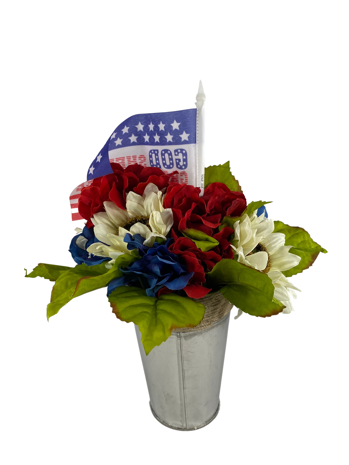 AGD Patriotic Decor  – God She His Blood Red White Blue Floral Centerpiece