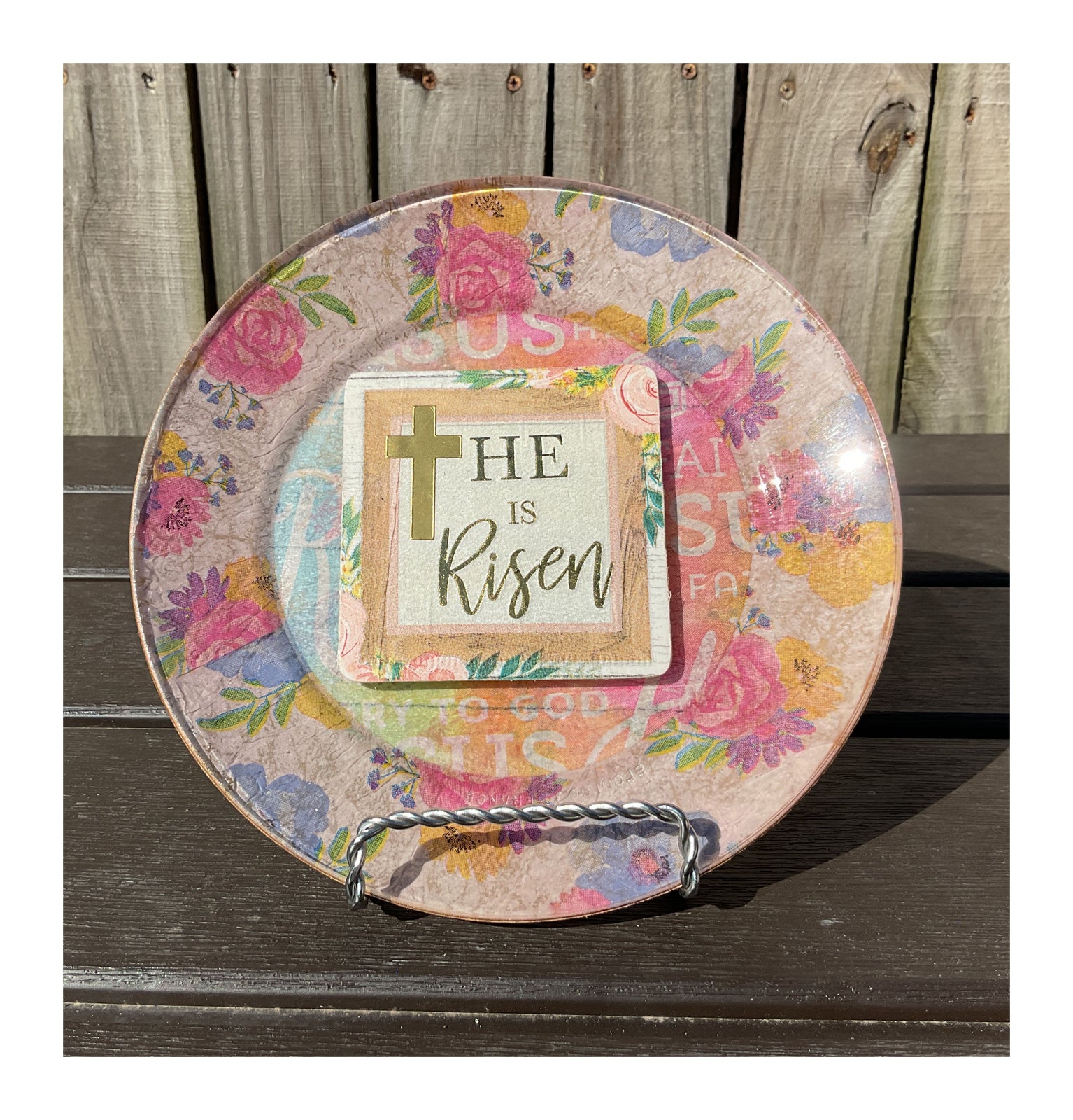AGD Easter Decor - He Is Risen Pastel Floral Decoupage Glass Plate 7inch