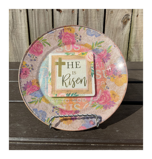 AGD Easter Decor - He Is Risen Pastel Floral Decoupage Glass Plate 7inch