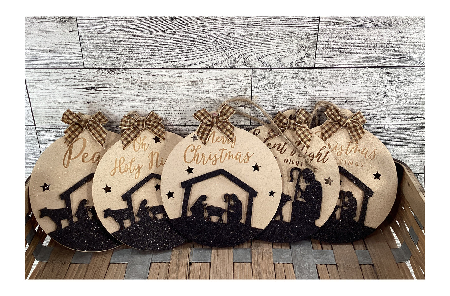AGD Christmas Decor -  Silhouette Nativity Manger Layered Wood Ornaments 12pc