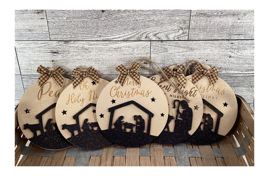 AGD Christmas Decor -  Silhouette Nativity Manger Layered Wood Ornaments 12pc