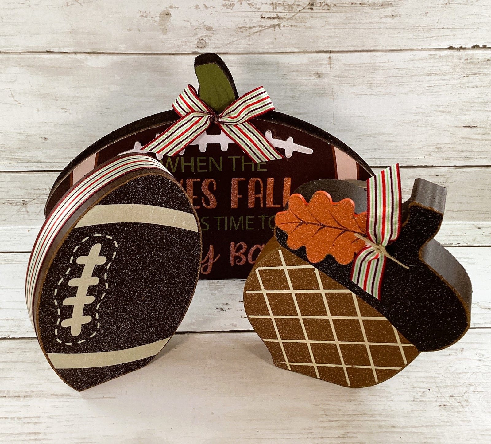 AGD Fall Decor - Leaves Fall Play Ball Football Acorn Wood Sitters 3pc Set