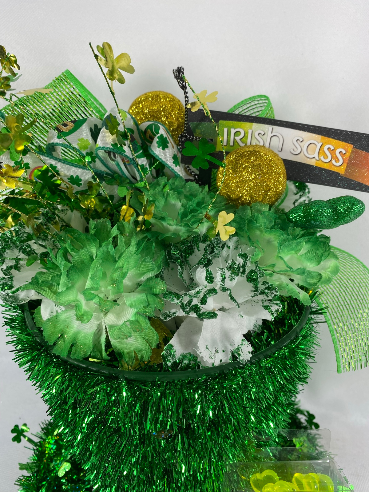 AGD St Patrick's Decor - Large Green Lighted Tinsel Tophat Centerpiece