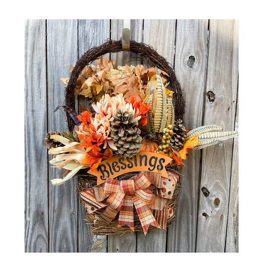 AGD Fall Decor - Large Blessings Grapevine Basket Harvest Floral Wreath
