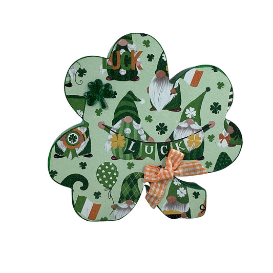 AGD Saint Patrick Decor - Irish Gnome Chunky Wood Shamrock Sitter