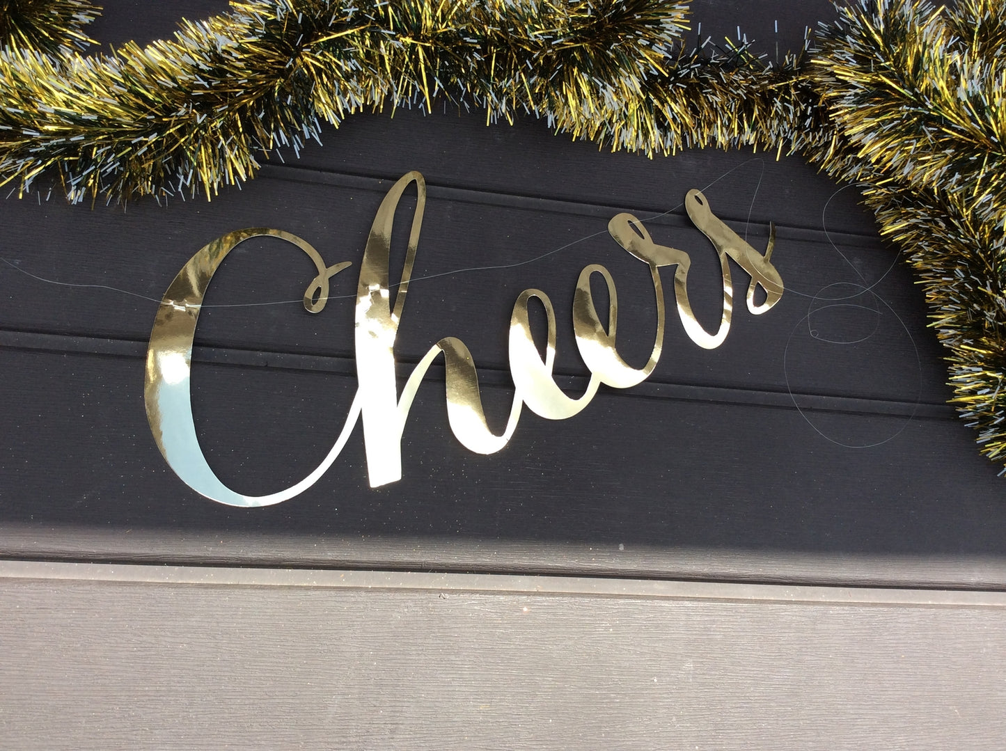 AGD New Years Eve Decor - Black Gold Tinsel with Cheers Sign Garland 12ft