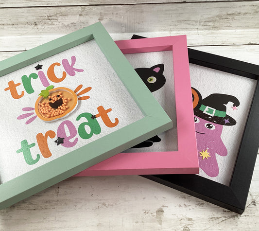 Halloween Decor Pastel Cat Ghost Trick Treat Shaker Signs 3pc Set