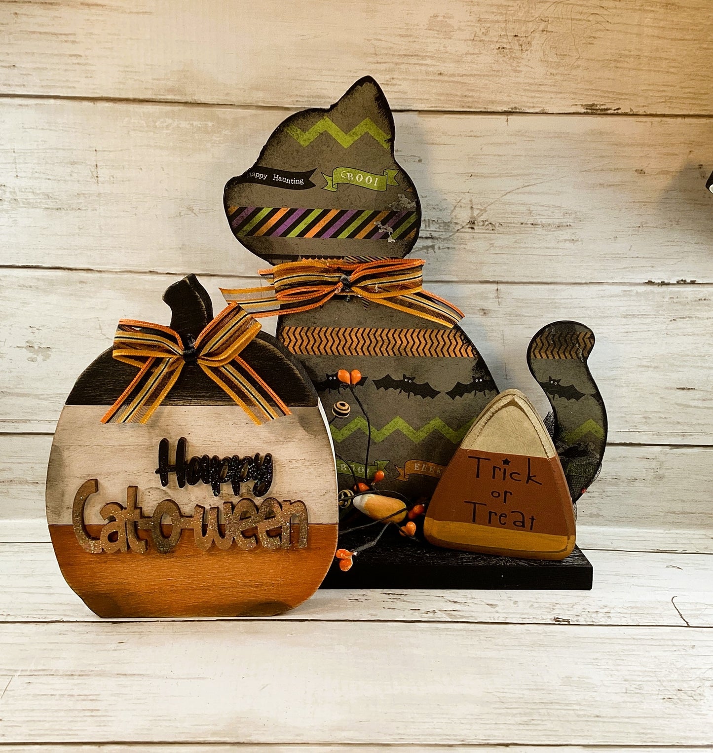 AGD Halloween Decor - Cat O Ween Silhouette Cat & Slat Pumpkin 2pc Set