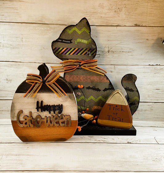AGD Halloween Decor - Cat O Ween Silhouette Cat & Slat Pumpkin 2pc Set