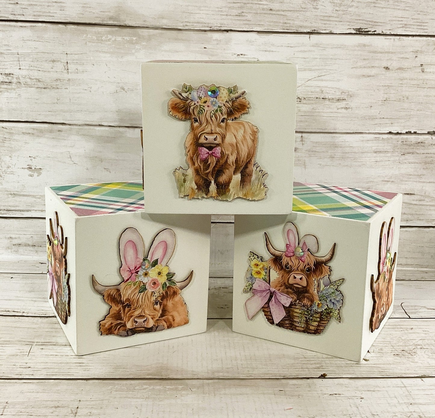 AGD Spring Decor - Floral Flower Highland Cow Chunky Block Signs 3pc