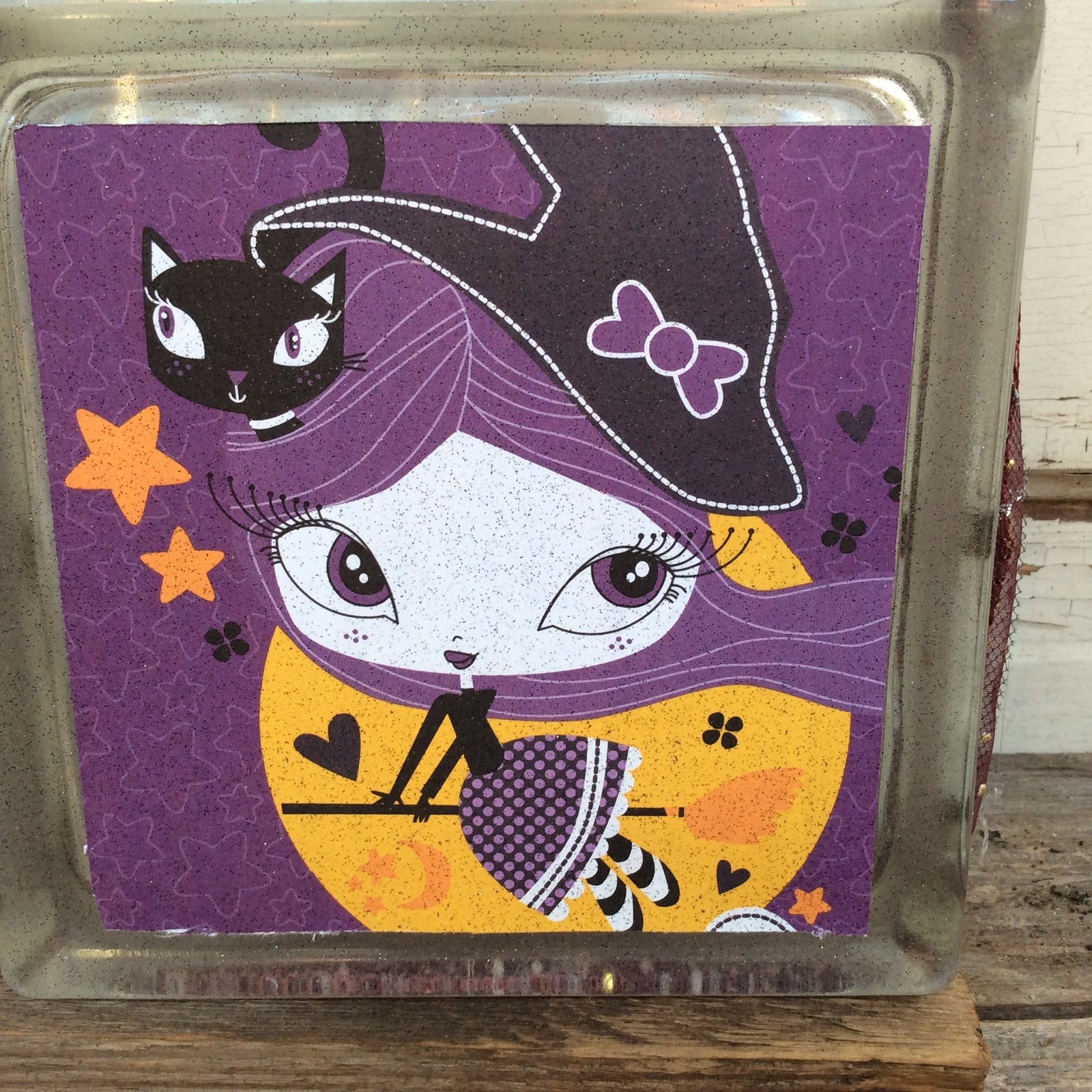 Halloween Decor - Witch Girl Black Cat Lighted Glass Block