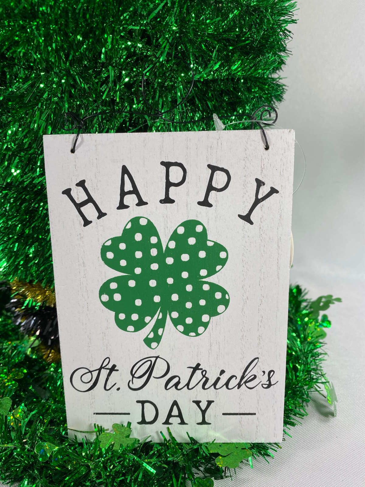 AGD St Patrick's Decor - Large Green Lighted Tinsel Tophat Centerpiece