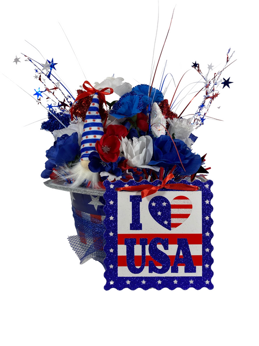 AGD Patriotic Decor  - Love the USA July 4th Gnome Floral Hat Centerpiece