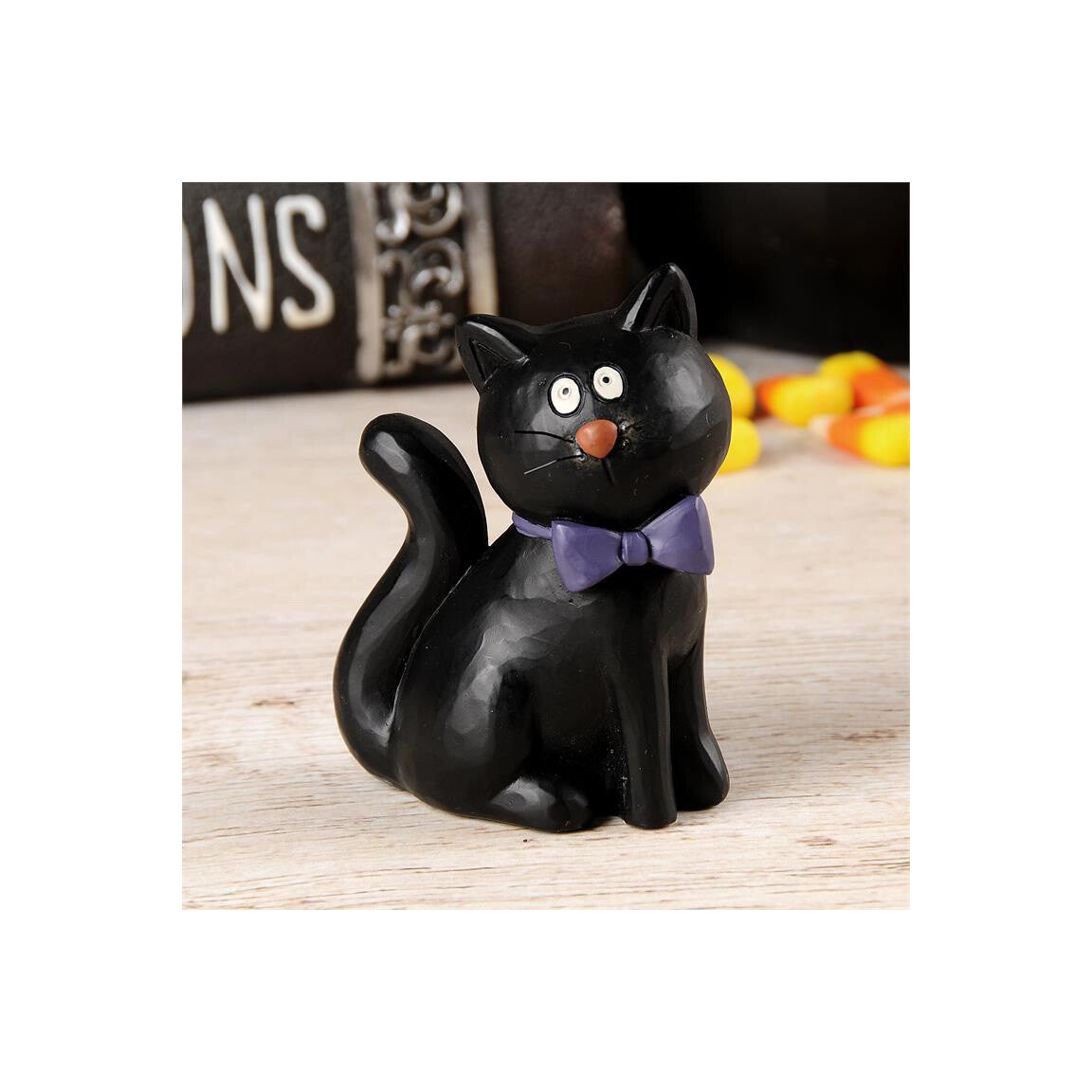 BB Halloween Decor - Black Cat with Purple Bow Tie Resin Figurine