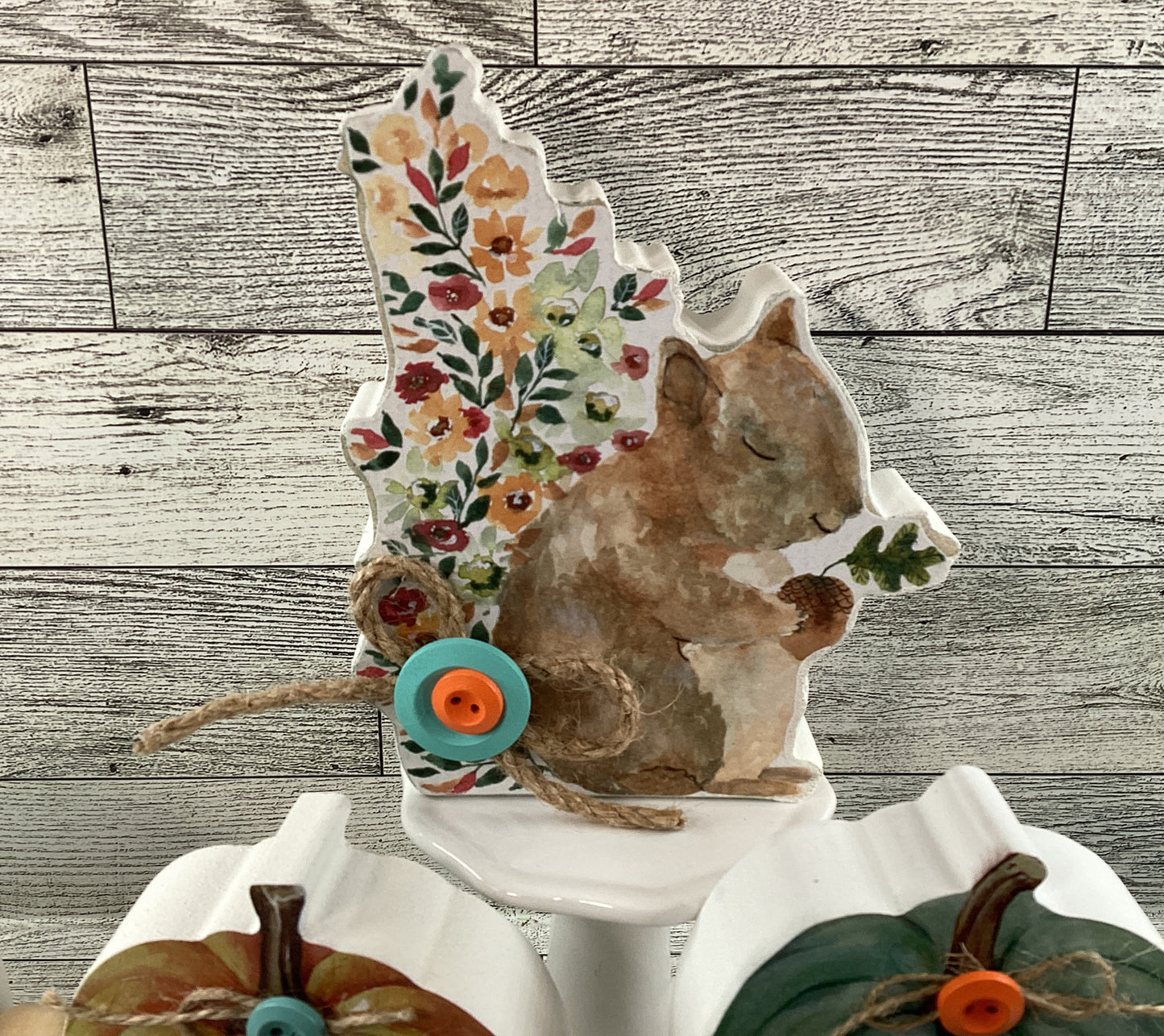 AGD Fall Decor - Chunky Wood Fall Pumpkins Water Color Squirrel 2pc