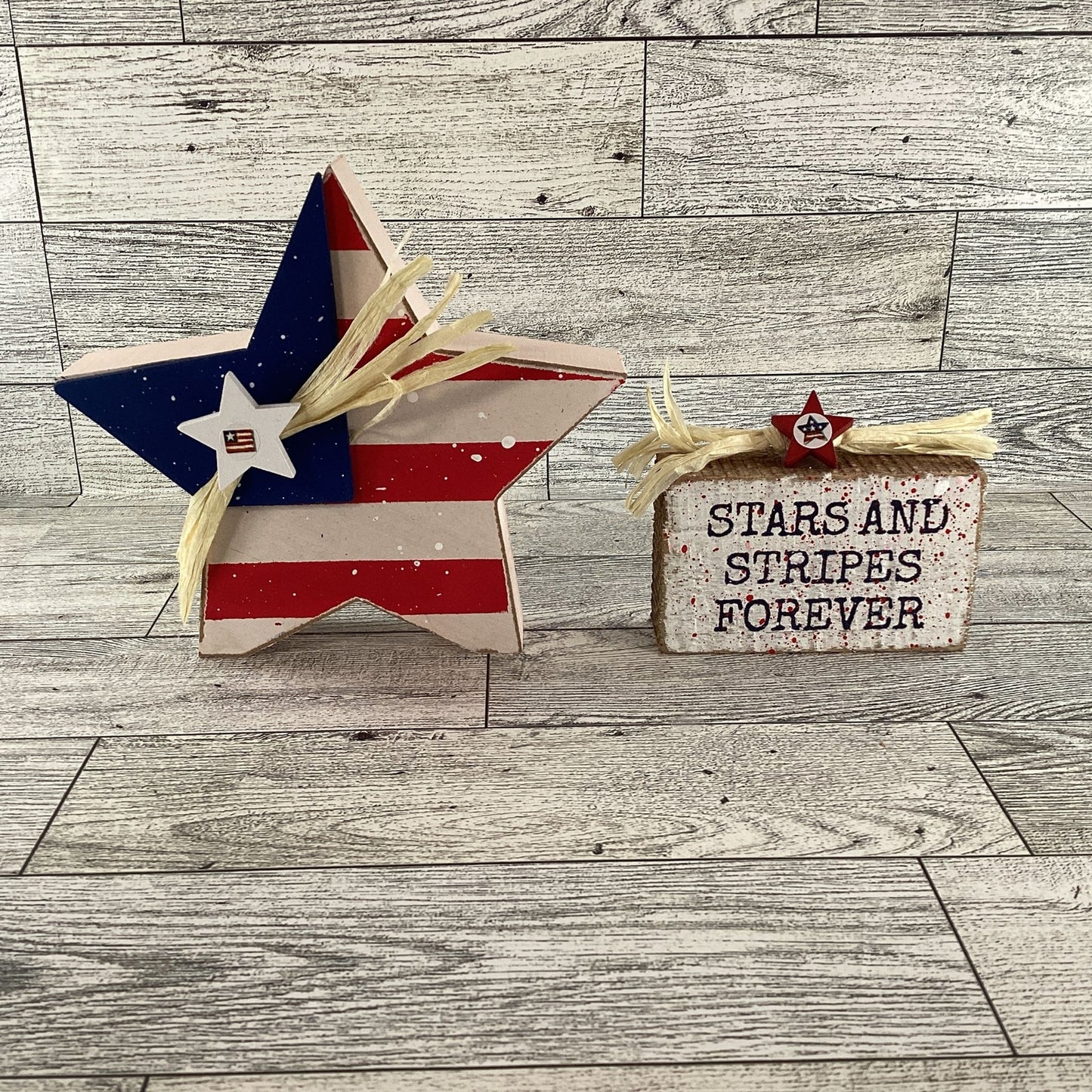 AGD Patriotic Decor - Stars Stripes Block Sign Chunky Wood Star Sitters 2pc Set