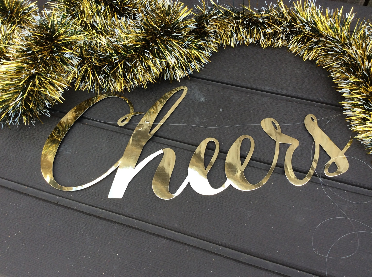 AGD New Years Eve Decor - Black Gold Tinsel with Cheers Sign Garland 12ft