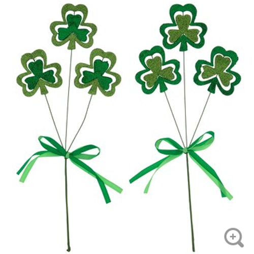 HL St Patrick Days Decor - Green Glitter Irish Shamrock Floral Picks 2 Sets