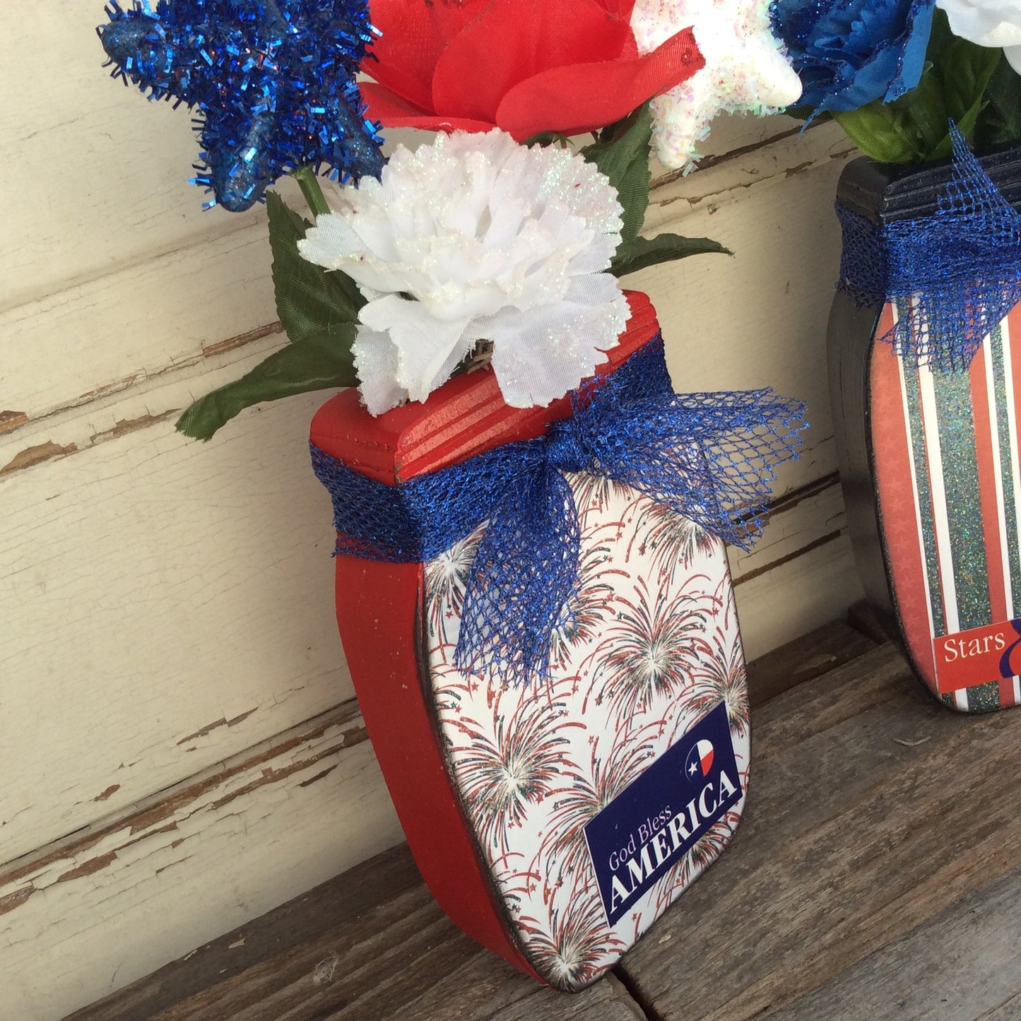 AGD Patriotic Decor - God Bless Stars Stripes Floral Wood Mason Jar 2pc Set