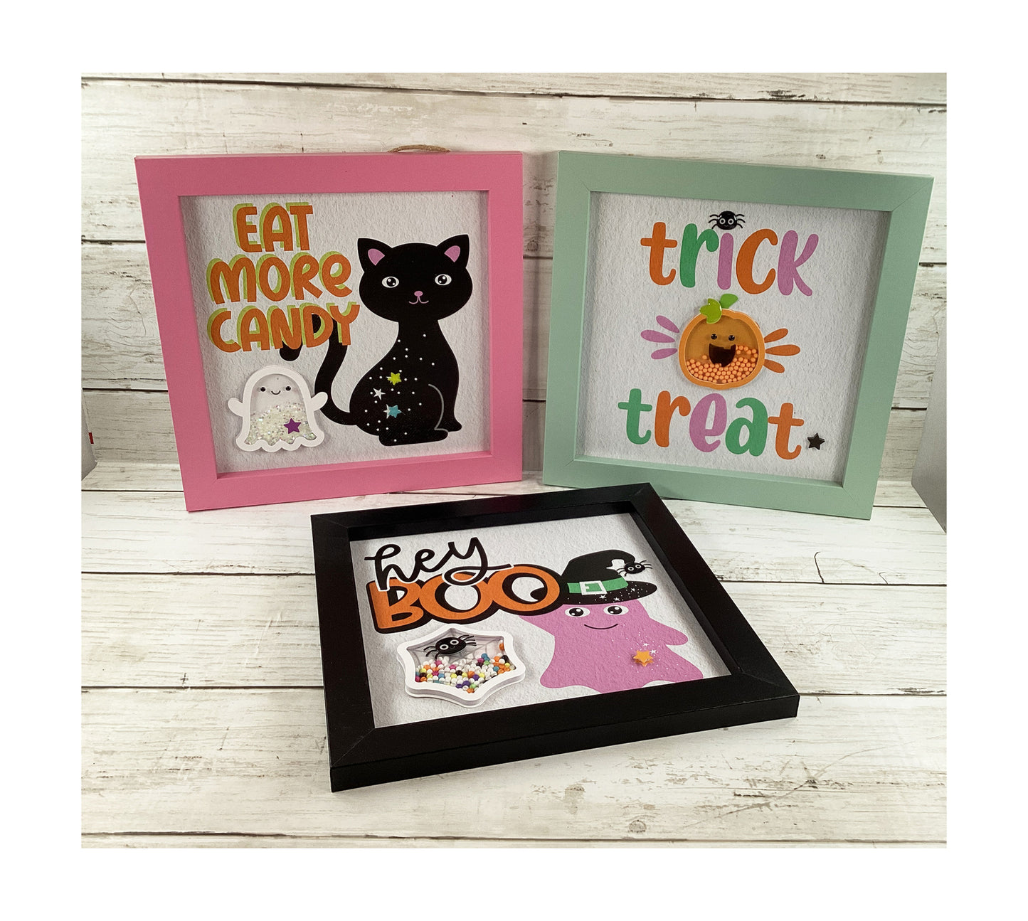 Halloween Decor Pastel Cat Ghost Trick Treat Shaker Signs 3pc Set