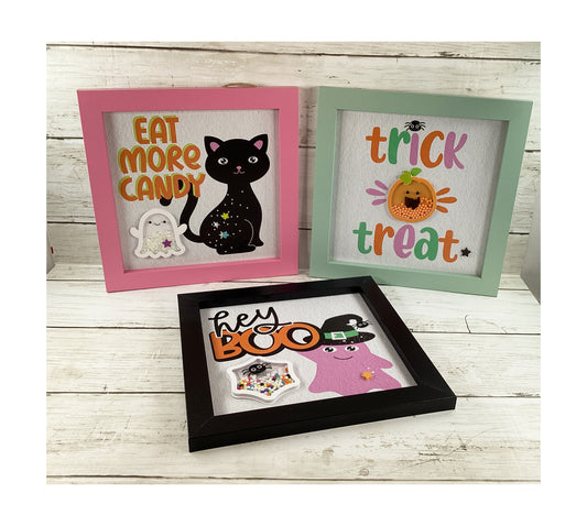 Halloween Decor Pastel Cat Ghost Trick Treat Shaker Signs 3pc Set