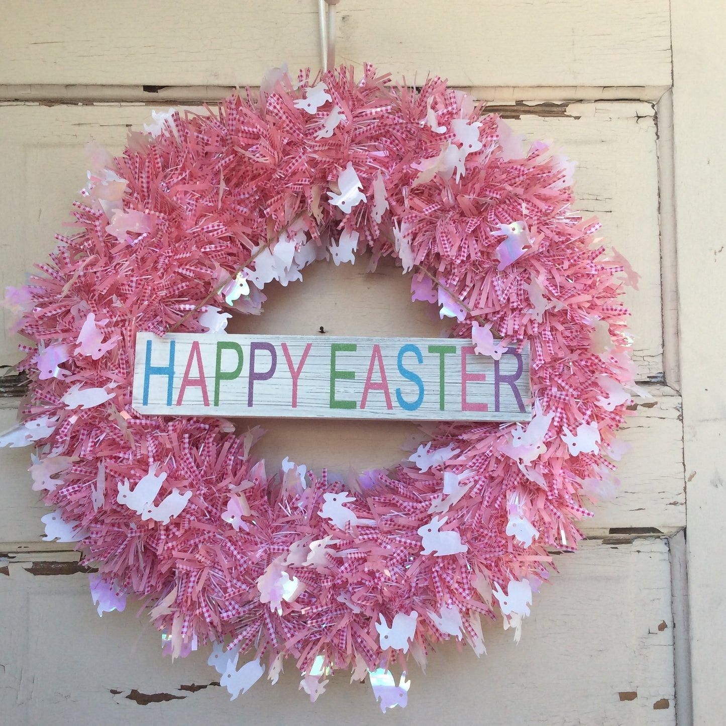 AGD Spring Decor - Welcome Happy Easter PINK Tinsel Wreath & Garland