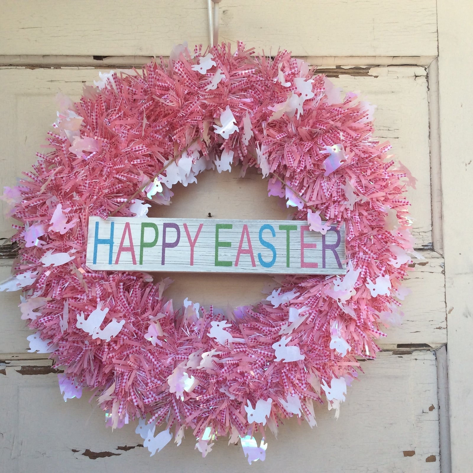 AGD Spring Decor - Welcome Happy Easter PINK Tinsel Wreath & Garland